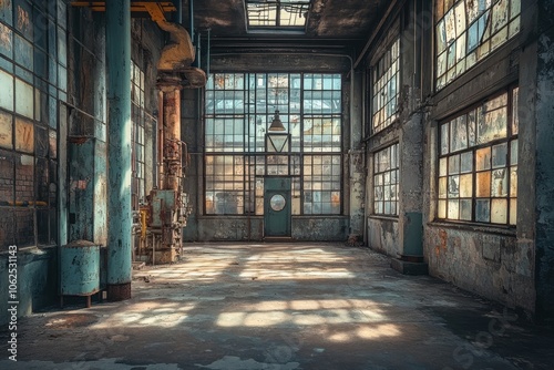 Wide shot of 19th-century factory in industrial district with natural lighting and desaturated tones.