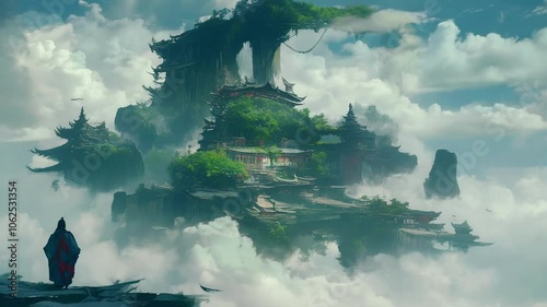 Mystic Floating Island in Clouds - Seamless Looping Background