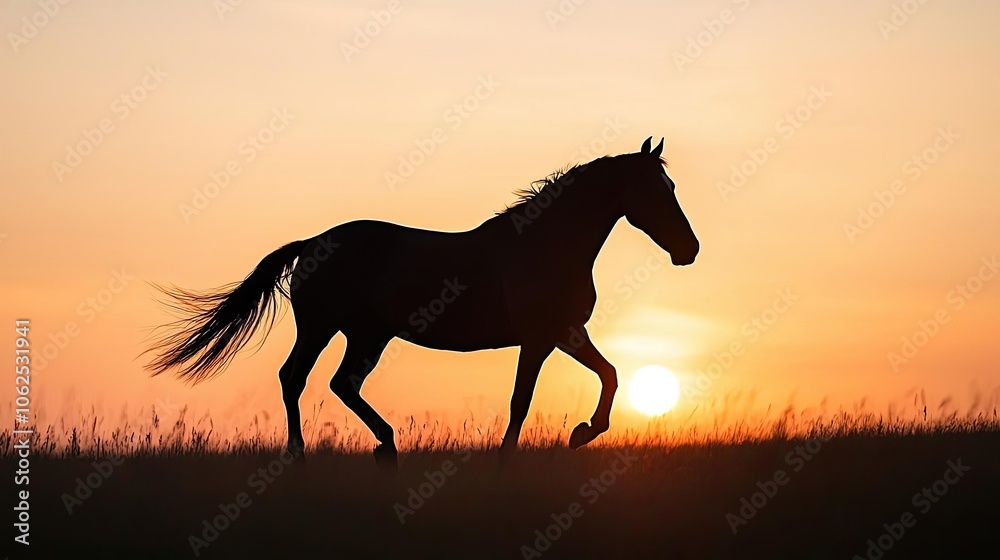 Silhouette of a horse running against a sunset background. Silhouette of a horse running against a sunset background.