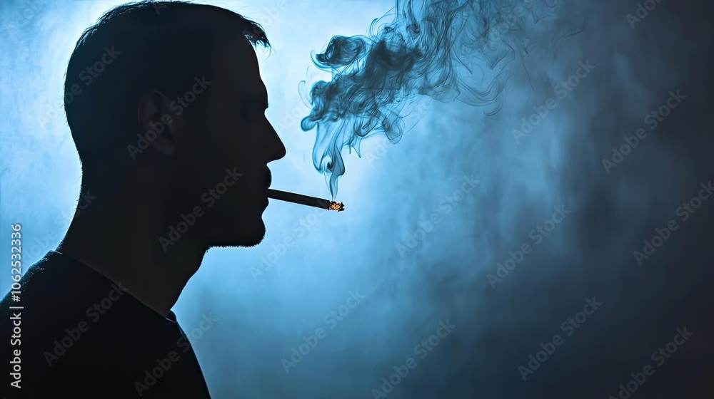 Fototapeta premium Silhouette of a man smoking a cigarette, blue smoke backdrop.
