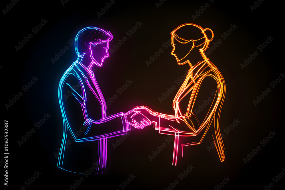 Neon silhouette of businesspeople shaking hands in agreement isolated on black background. Neon silhouette of businesspeople shaking hands in agreement isolated on black background.