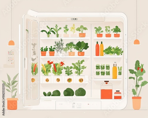 Fresh Vegetables and Herbs in Modern Refrigerator