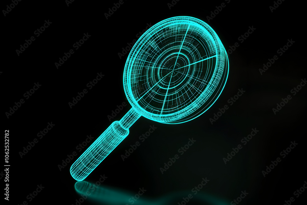A dynamic neon wireframe illustration of a magnifying glass focusing on a target, set against a striking black background --ar 3:2 --s 50 A dynamic neon wireframe illustration of a magnifying glass focusing on a target, set against a striking black background --ar 3:2 --s 50