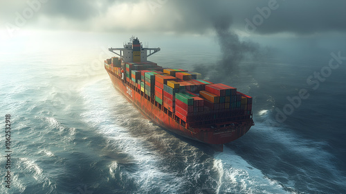 A large cargo ship loaded with a variety of colorful shipping containers, navigating the vast ocean under an expansive sky