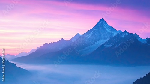 Majestic mountain peak at sunset with vibrant purple sky and misty valley below.