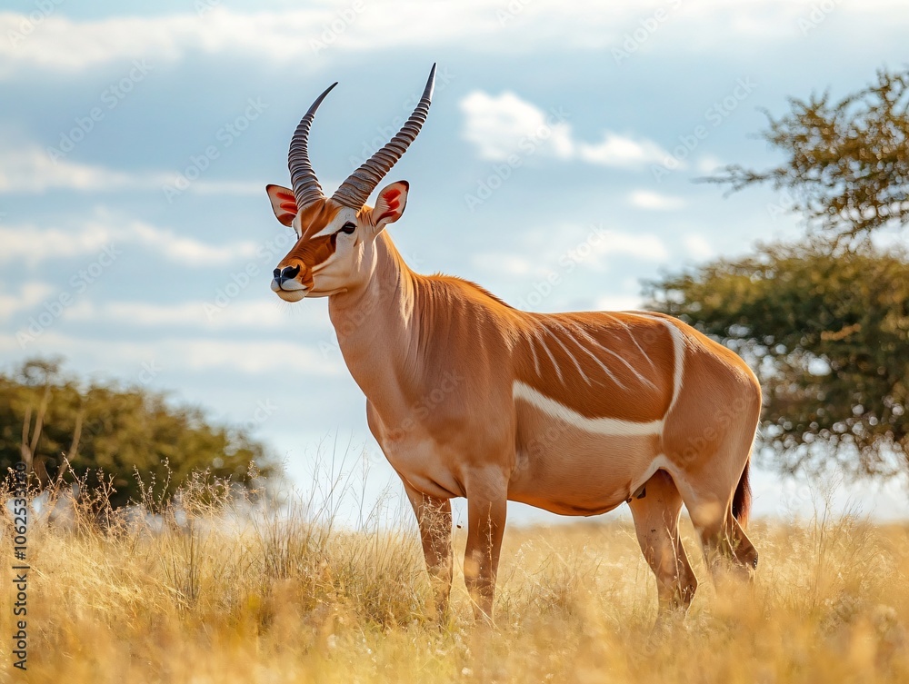 Taurotragus derbianus Standing Gracefully in Savanna Landscape with Soft Natural Blur Background
