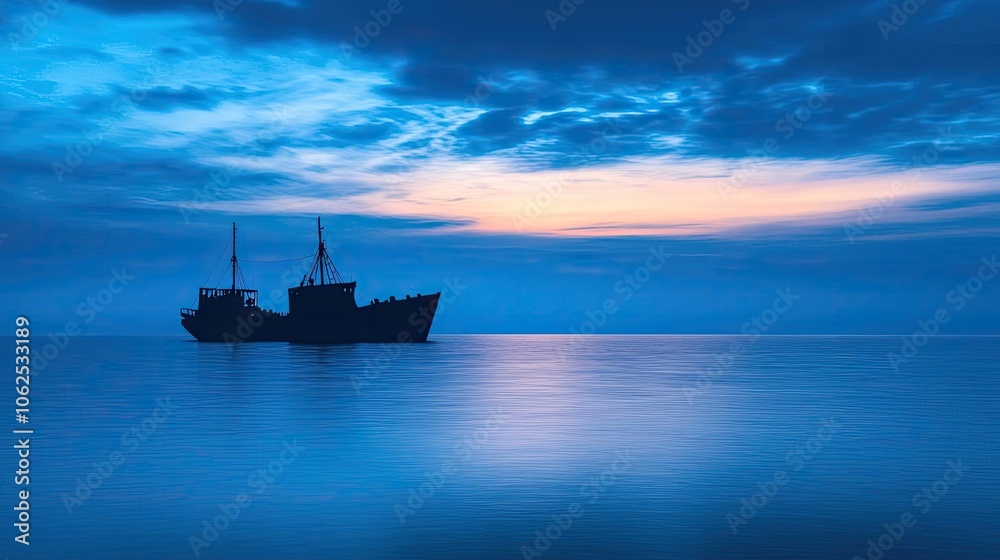 Silhouette of a ship at sunset on calm waters, blue tones in a serene landscape. Silhouette of a ship at sunset on calm waters, blue tones in a serene landscape.