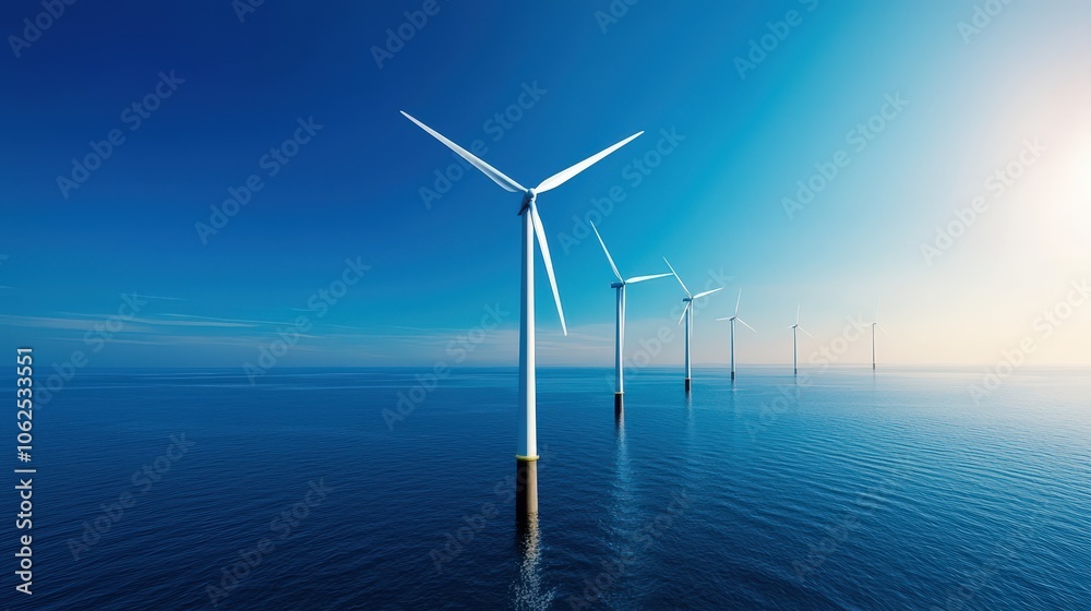 Wind Turbines at Sea Against a Blue Sky Wind Turbines at Sea Against a Blue Sky