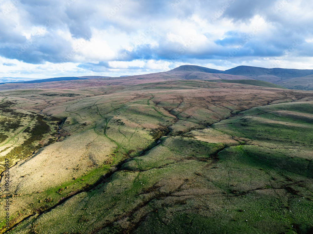 Farms over Black Mountain from a drone, Brecon Beacons National Park, Carmarthenshire, Wales, England Farms over Black Mountain from a drone, Brecon Beacons National Park, Carmarthenshire, Wales, England