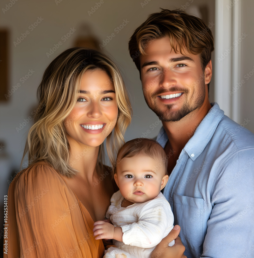happy family of three: the mother is holding her baby in front and smiling
happy family of three: the mother is holding her baby in front and smiling