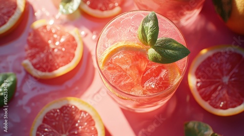 Refreshing grapefruit beverage in sunlight from the above. Generative AI image