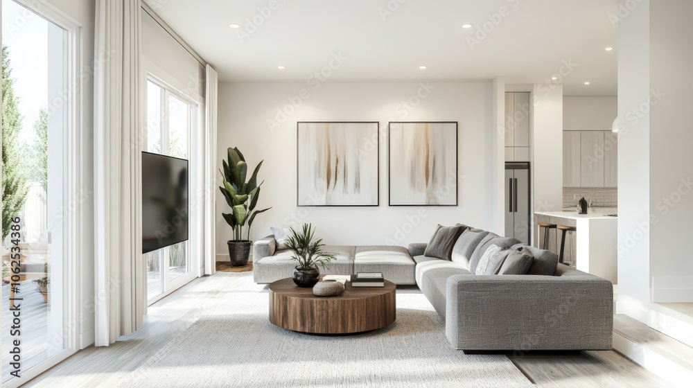 A living room with a large couch, a coffee table, and a television A living room with a large couch, a coffee table, and a television