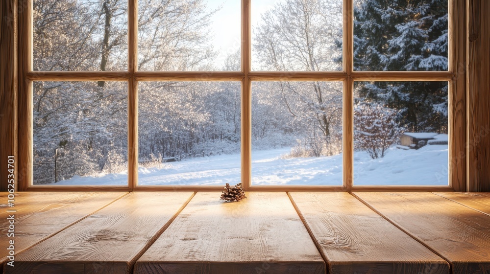 Empty table and winter window in background Empty table and winter window in background