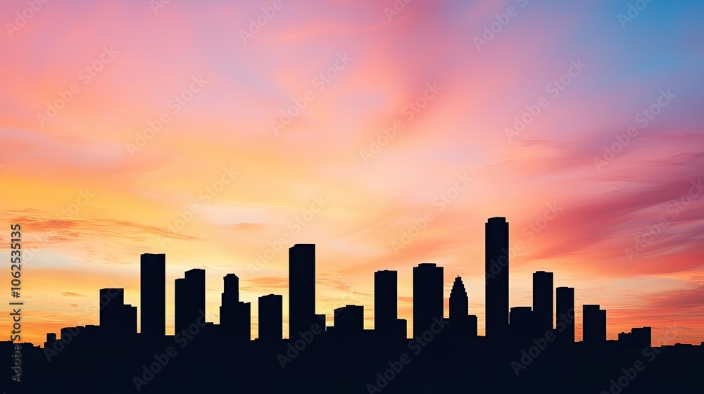 Silhouette of a city skyline against a colorful sunset sky Silhouette of a city skyline against a colorful sunset sky