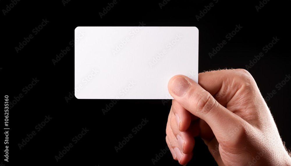 White card, holding, hand, showing, business card, passing, blank, black background, close-up White card, holding, hand, showing, business card, passing, blank, black background, close-up