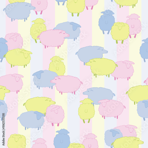 Fluffy Yellow Pink Blue Sheep on a Background of Pastels Yellow Pink and Blue Vertical Stripes creating a seamless pattern print background