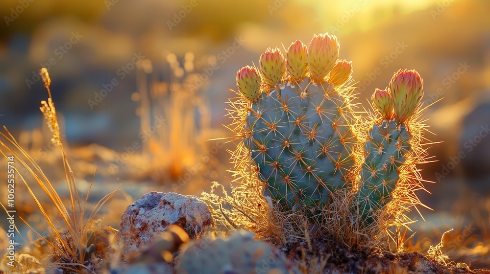 Obraz premium Cactus in a desert landscape with vibrant colors, soft lighting, rugged beauty, dynamic composition, photo-realism
