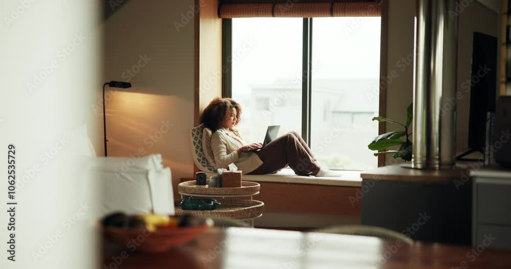 Woman, laptop and typing in home, network and search internet for movie subscription by window. Female person, social media update and writing post in apartment, digital shopping and peace on weekend