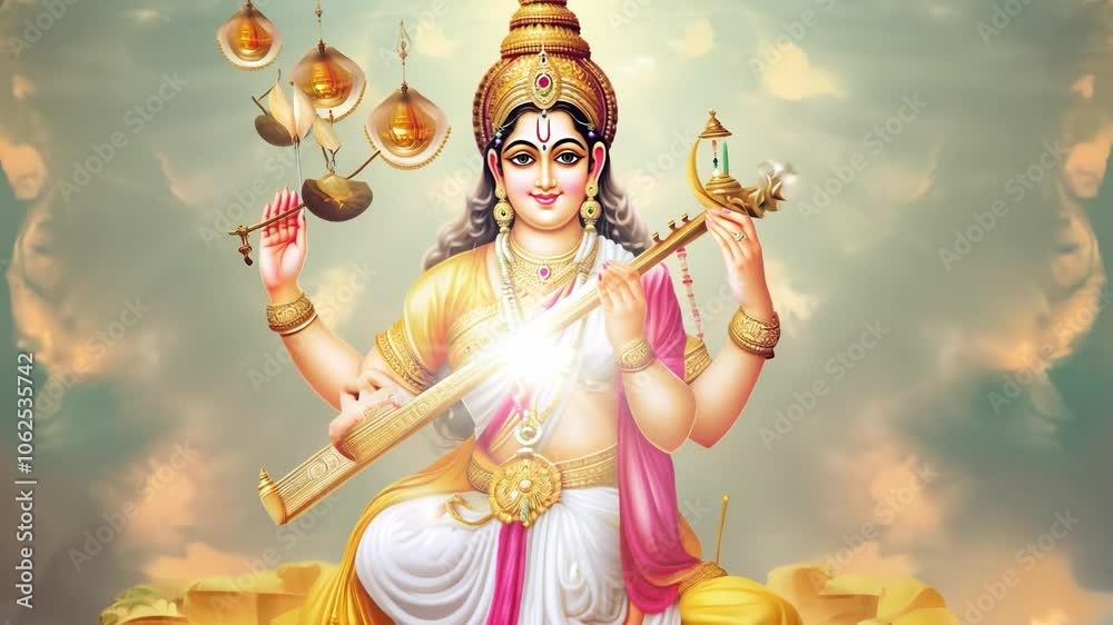 Goddess saraswati playing veena appearing with peacocks