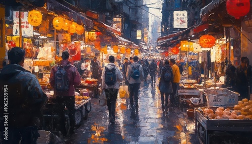 City street market exploration with vibrant stalls, soft lighting, dynamic movement, bustling energy, realism