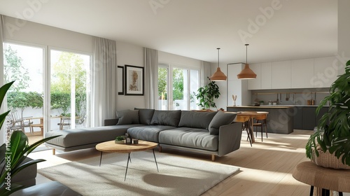 A large living room with a couch, coffee table, and potted plants