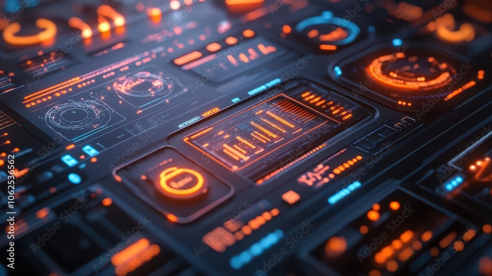 Obraz premium Digital workflow automation with vibrant data points, sleek interface, soft lighting, futuristic business tools