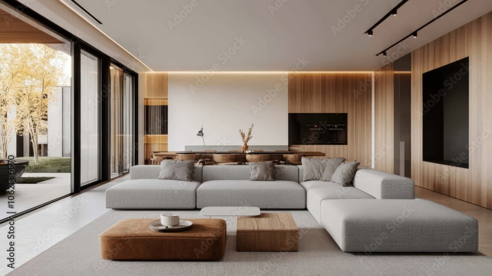 Fototapeta premium A large, modern living room with a brown coffee table and a large sectional sofa