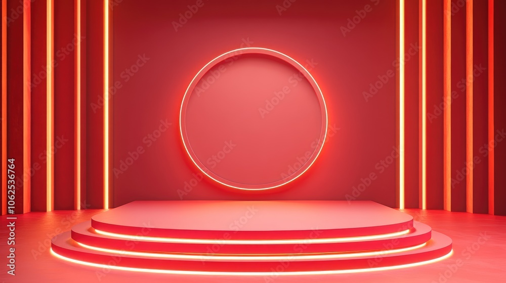 Three-Tiered Red Platform with Circular Neon Lights and Vertical Stripes Three-Tiered Red Platform with Circular Neon Lights and Vertical Stripes