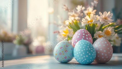 Easter egg decorating with vibrant colors, soft natural lighting, cozy home setup, festive atmosphere