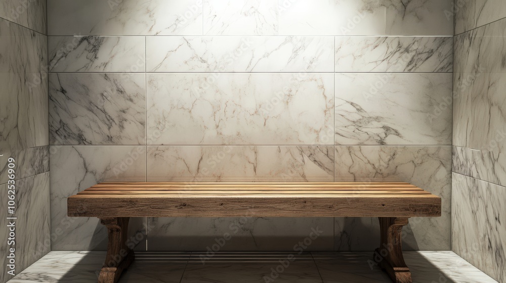A white marble wall with a wooden bench in the middle A white marble wall with a wooden bench in the middle