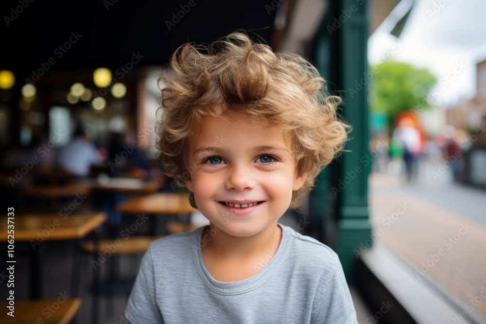 Portrait of a cute little boy with blond curly hair in a cafe Portrait of a cute little boy with blond curly hair in a cafe