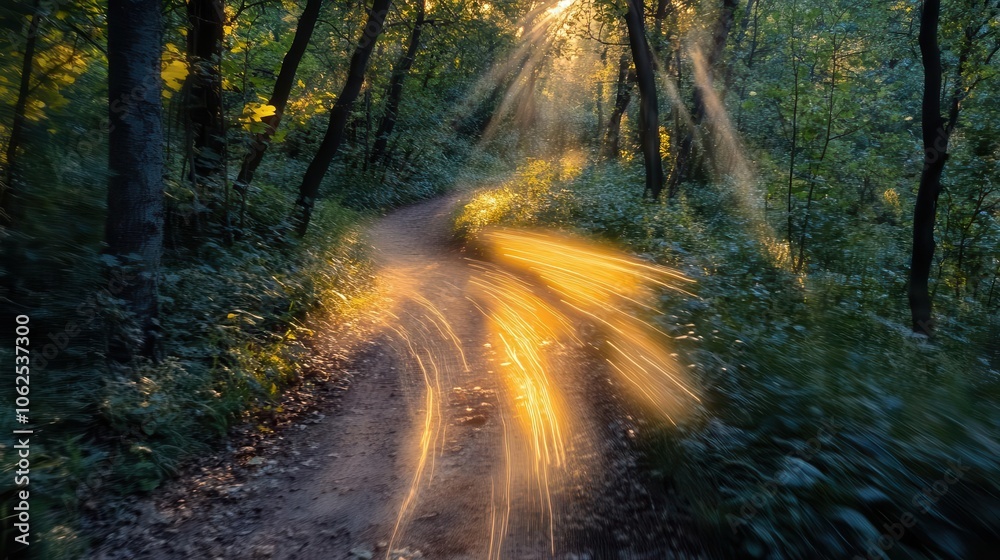 Fototapeta premium Forest hiking trail with vibrant trees, soft lighting, dynamic movement, serene atmosphere, photo-realism