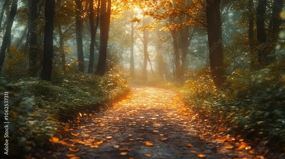 Forest hiking trail with vibrant trees, soft lighting, dynamic movement, serene atmosphere, photo-realism