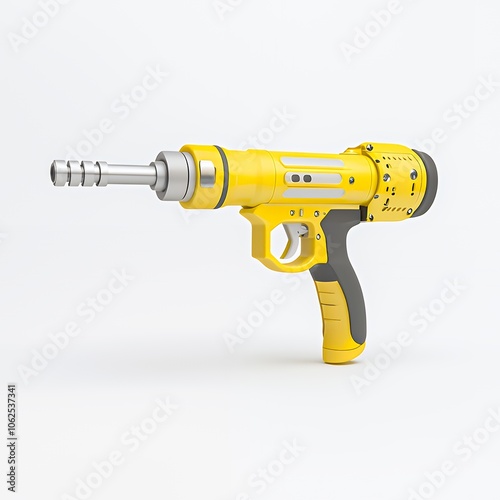 A yellow and gray caulking gun isolated on a white background.