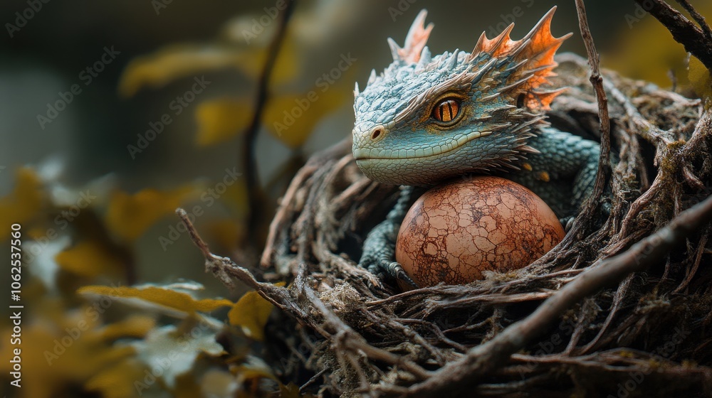Small dragon emerging from cracked egg in twig nest Small dragon emerging from cracked egg in twig nest