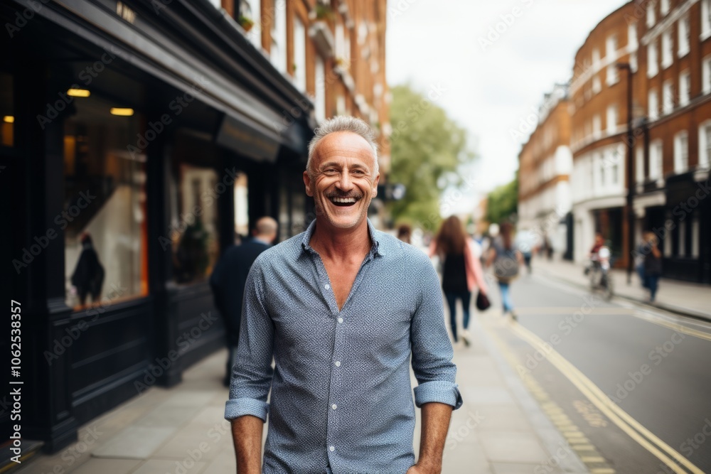 Portrait of a handsome senior man in casual clothes smiling at the camera while walking in the city. Portrait of a handsome senior man in casual clothes smiling at the camera while walking in the city.