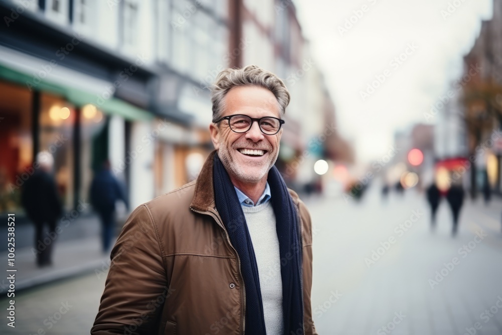 Portrait of a smiling middle-aged man walking in the city