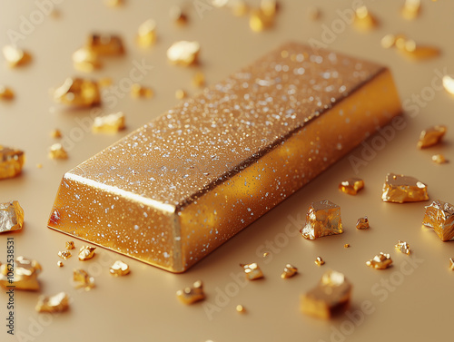 Glittering gold bar in sparkling golden dust, luxury and wealth concept photo