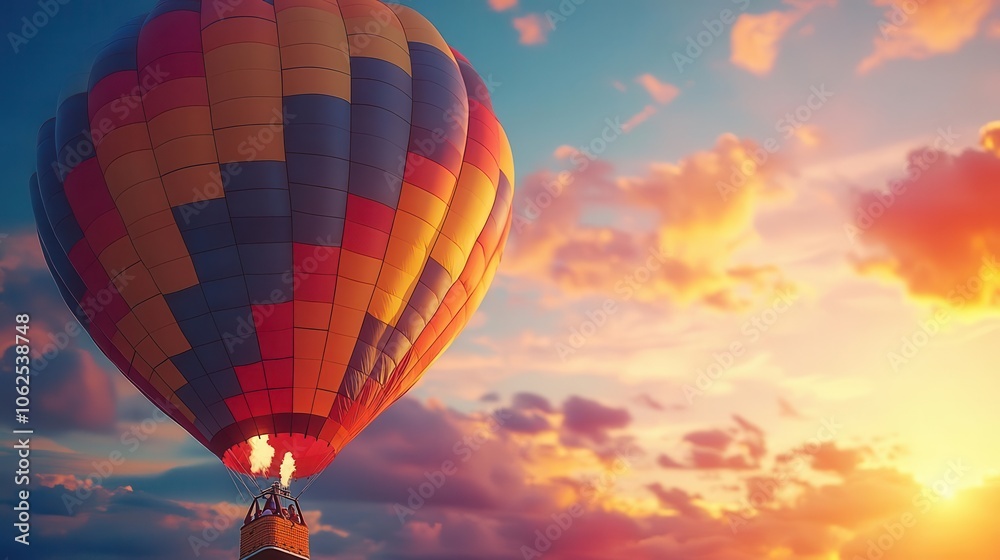 Fototapeta premium Hot air balloon ride with vibrant colors, soft lighting, serene atmosphere, dynamic movement, high contrast