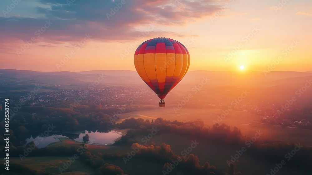 Naklejka premium Hot air balloon ride with vibrant colors, soft lighting, serene atmosphere, dynamic movement, high contrast
