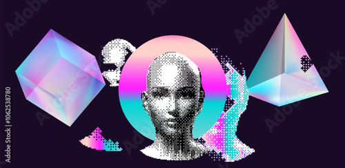 Pixelated face of a bald human on a dark background. Vector futuristic illustration representing future technologies. 