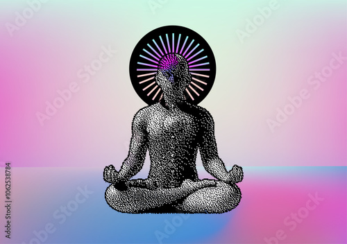 A stippled meditative figure in lotus pose with a radiant halo, set against a pastel gradient background. Vector illustration symbolizing enlightenment or spiritual awakening.