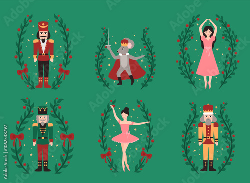 Set of Christmas toys. Nutcrackers, mouse, ballerinas. Flat vector illustration.