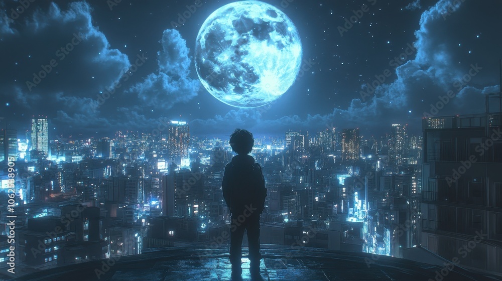 Fototapeta premium photo anime boy looking at the moon in the city night