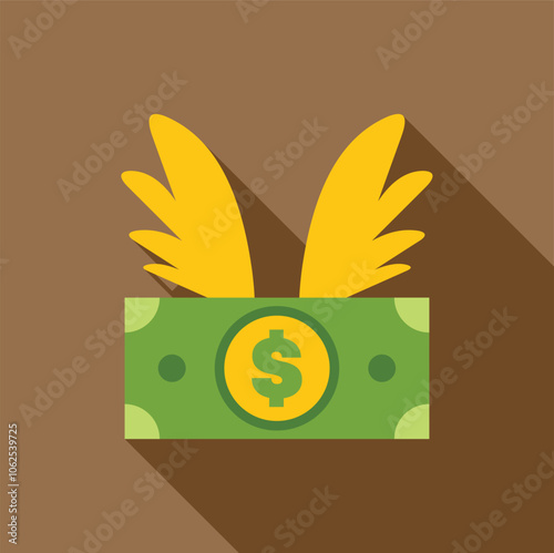 Green dollar banknote flying away with yellow wings growing out of it, representing fast money transfer, financial freedom and easy earnings