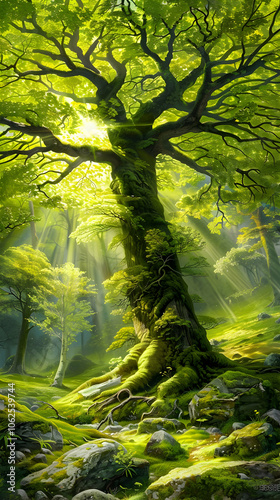 A majestic tree surrounded by lush greenery and sunlight filtering through the forest.