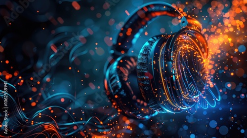 Futuristic headphones with glowing electrical circuits and fiery energy music sound waves flowing in bright blue and orange colors on a dark background. Good for podcast music