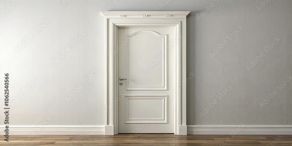 White wooden door frame with decorative curly trim and empty space White wooden door frame with decorative curly trim and empty space