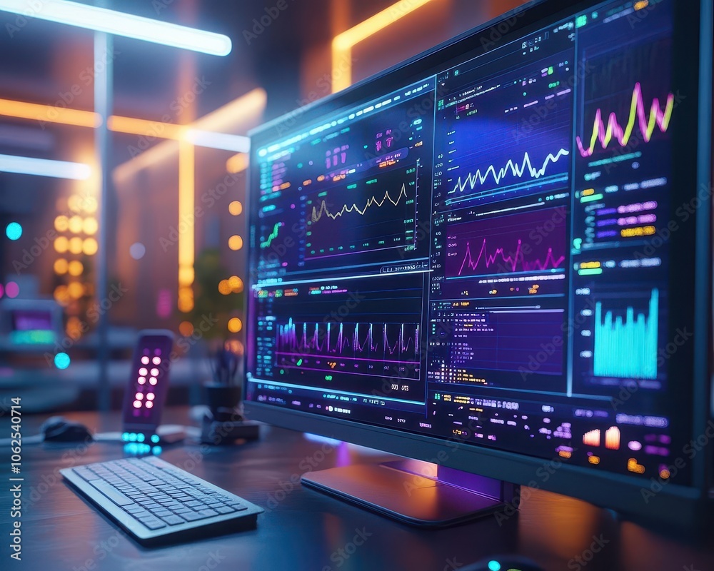 Patient monitoring system with vibrant charts, sleek modern setup, soft lighting, high-tech atmosphere Patient monitoring system with vibrant charts, sleek modern setup, soft lighting, high-tech atmosphere