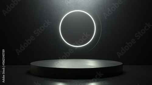 A Circular Neon Light Illuminates a Dark Room with a Black Cylindrical Pedestal